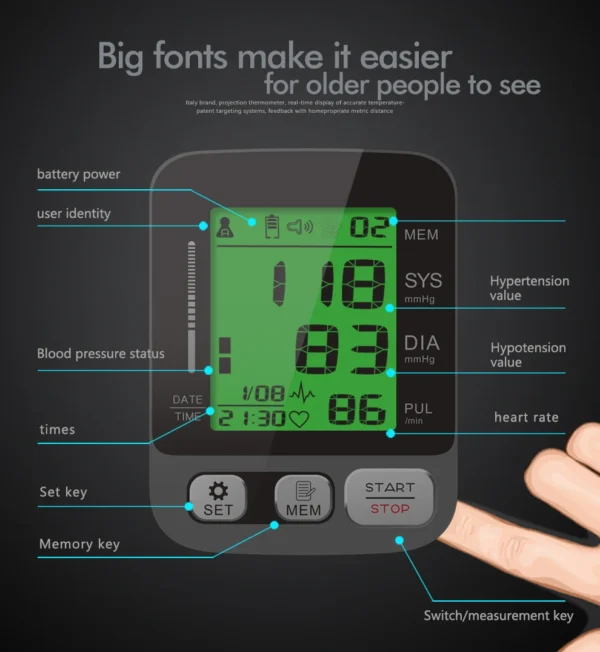 Easy-Use Automatic Upper Arm Blood Pressure Meter - Home Sphygmomanometer for Arterial Pressure Check
