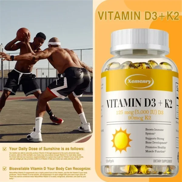 Vitamin D3 + K2 Capsules - Supports Circulation, for Bone, Joint, Teeth and Skin & Immune HealthSupplement