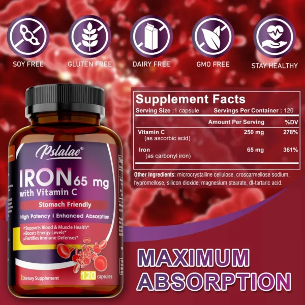 Iron Supplement 65 mg with Vitamin C - Maximized Absorption, Increase Energy, and Improve Immune Function