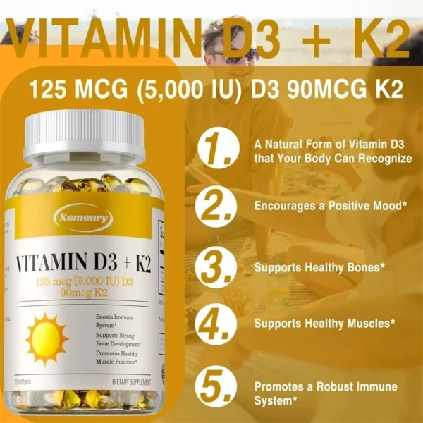 Vitamin D3 + K2 Capsules - Supports Circulation, for Bone, Joint, Teeth and Skin & Immune HealthSupplement