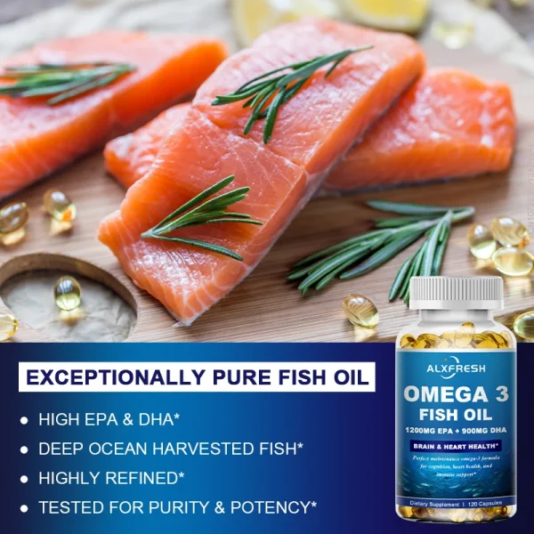 Alxfresh Wild Caught Omega 3 Fish Oil– 120/60 Soft Gels –3600mg High EPA 1300mg DHA 900mg Non-GMO Gluten Free Dietery Supplement